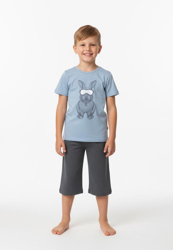 Pijama copii cu maneca scurta si pantaloni 3/4,culoare bleu,Engros